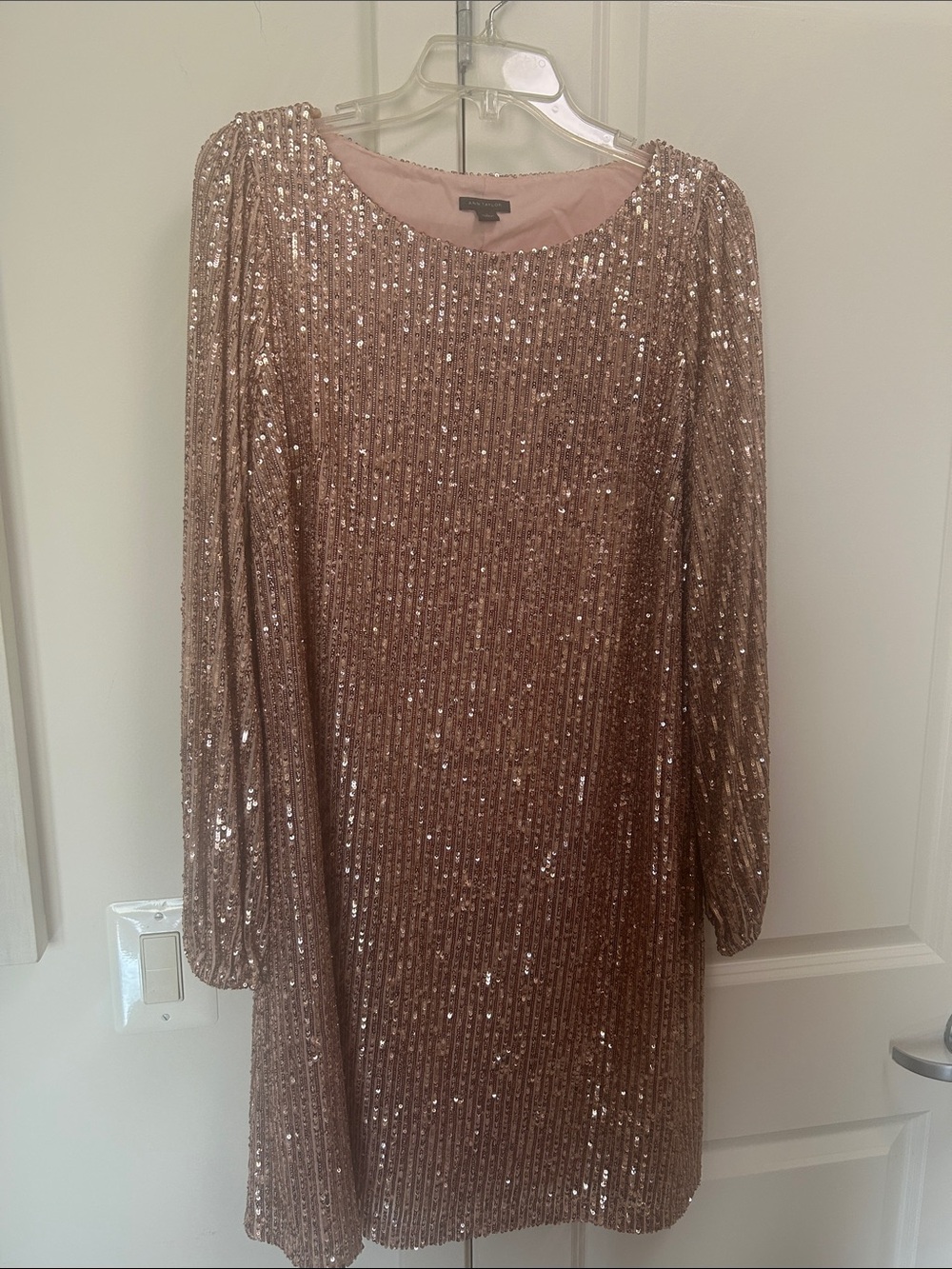 Ann Taylor Sequin Long-Sleeve Shift Evening Cocktail Dress - Blush L
